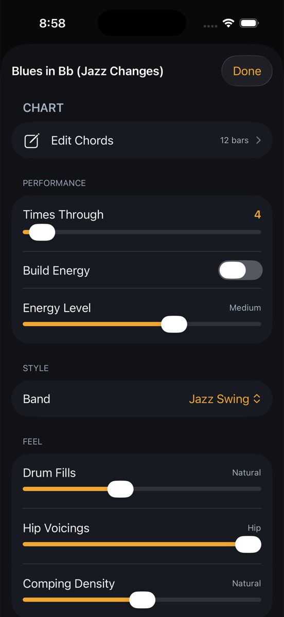Band settings: energy, hip voicings, comping density and drum fills