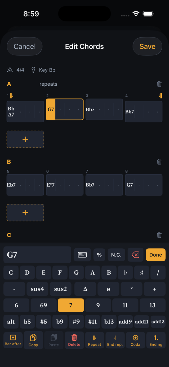 The chord editor with a jazz chord keyboard